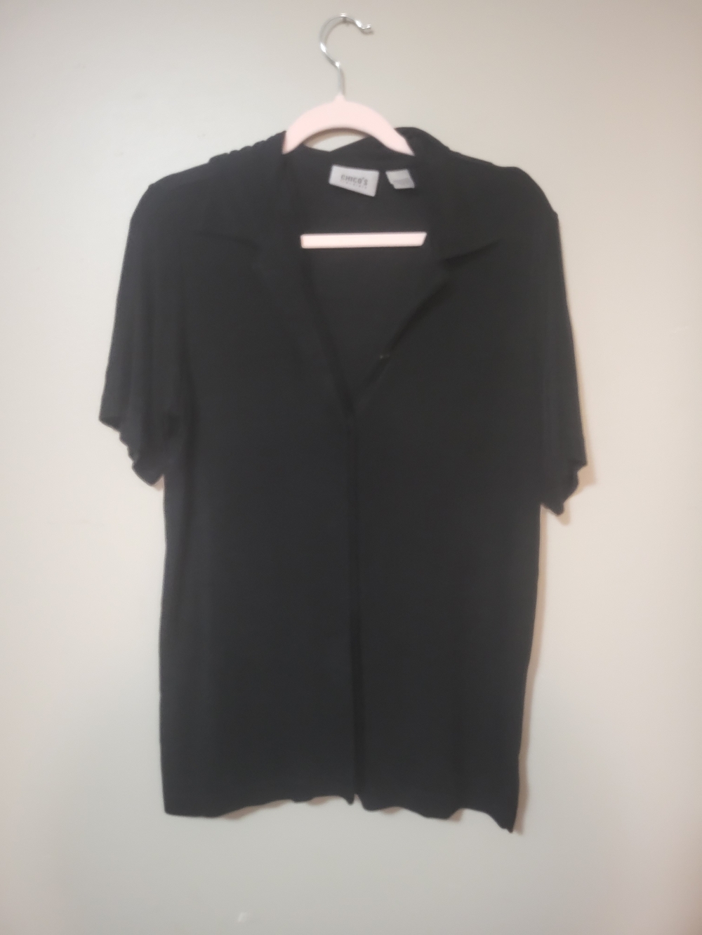 Chicos Travelers Medium 1 SolidBlack Short-Sleeve Collared Women’s Top Slinky